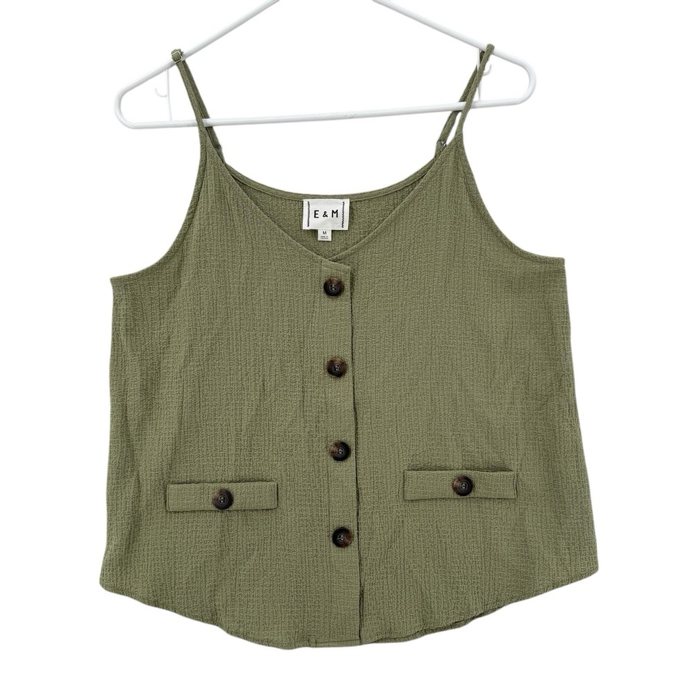 E&M Waffle Knit Tank Top Womens Medium Olive Button Detail Sleeveless Adjustable